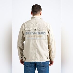 Edwin Trawelers Men's Beige Jacket, XL, Military Style, Trashed With Ink